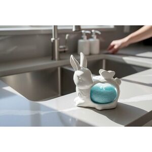 Boston Warehouse Bunny Scrubby Holder White Ceramic Easter Spring Model NWOT